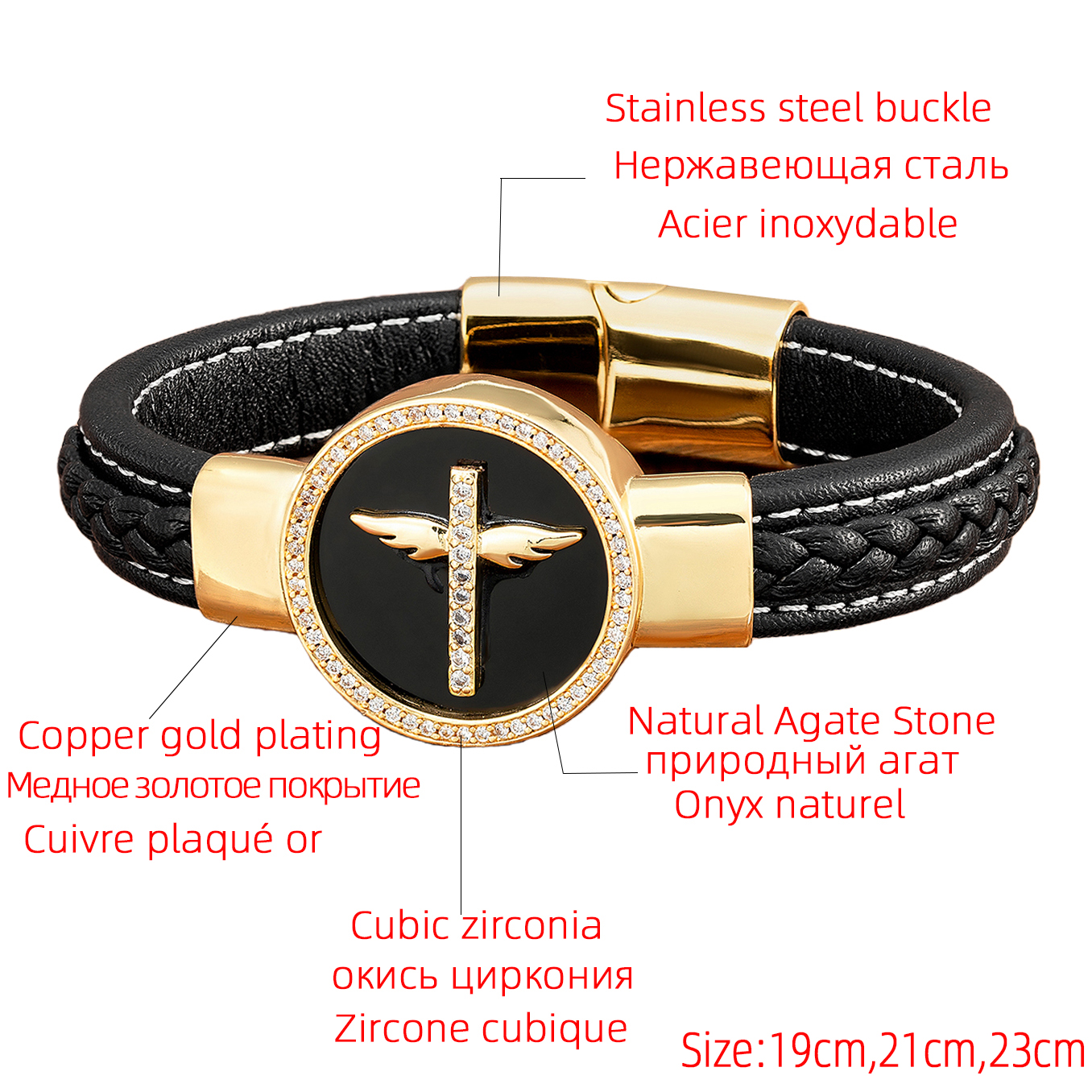 Simple Style Classic Style Cross Round Leather Rope Stone Metal Handmade Men's Bracelets display picture 4