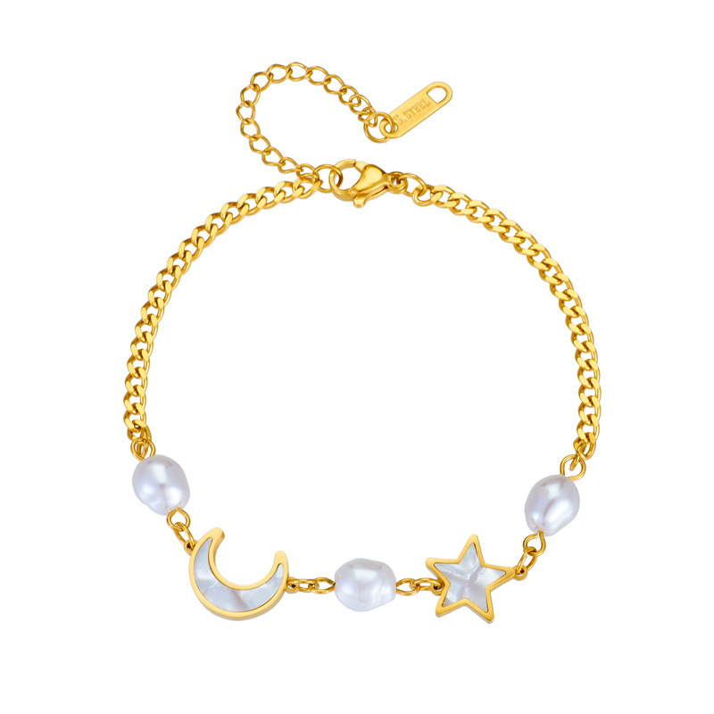 Stainless Steel 18K Gold Plated Casual Simple Style Pearl Inlay Star Moon Shell Bracelets Earrings Necklace display picture 5