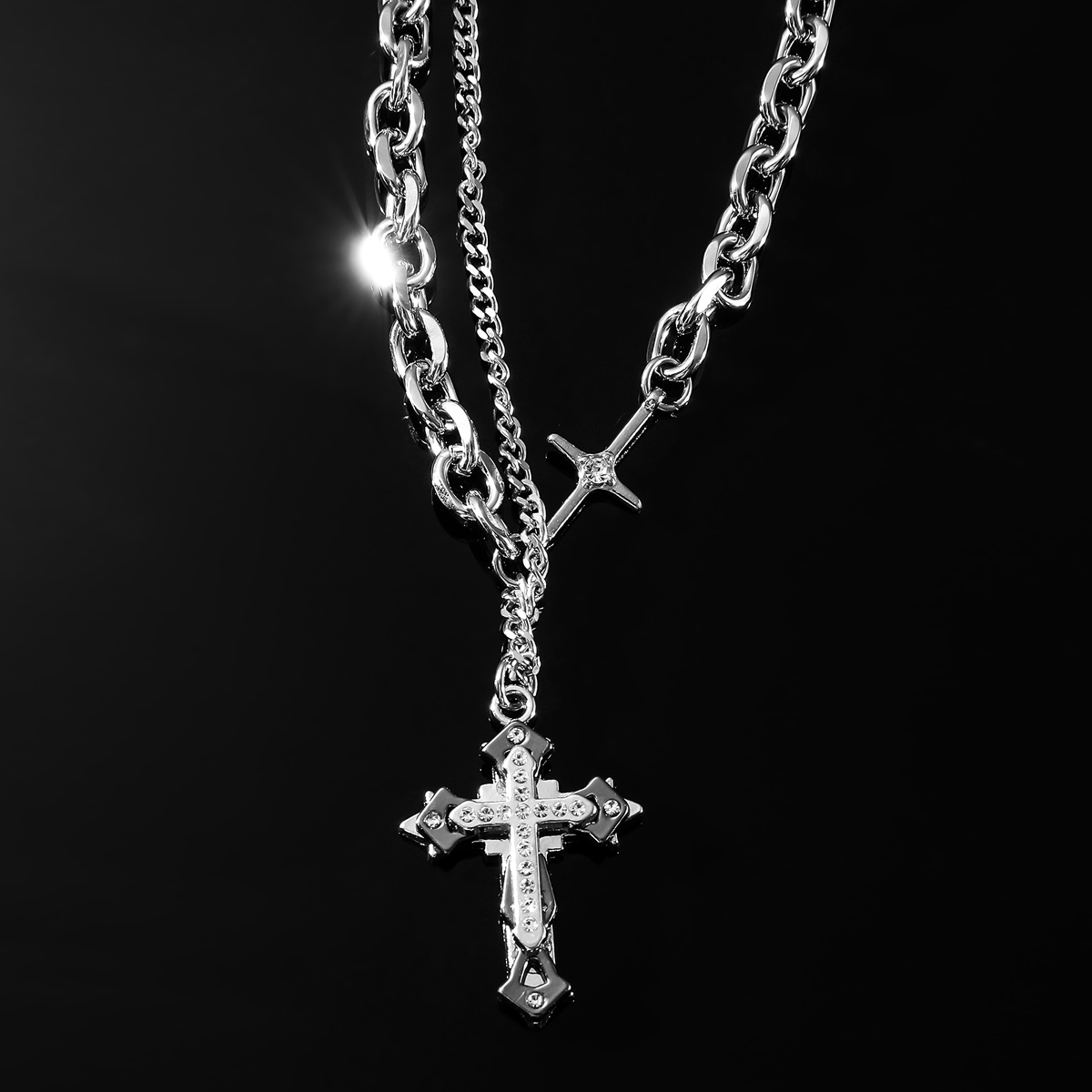 Ig Style Cactus Cross Star Alloy Titanium Steel Pearl Inlay Rhinestones Unisex Necklace display picture 11