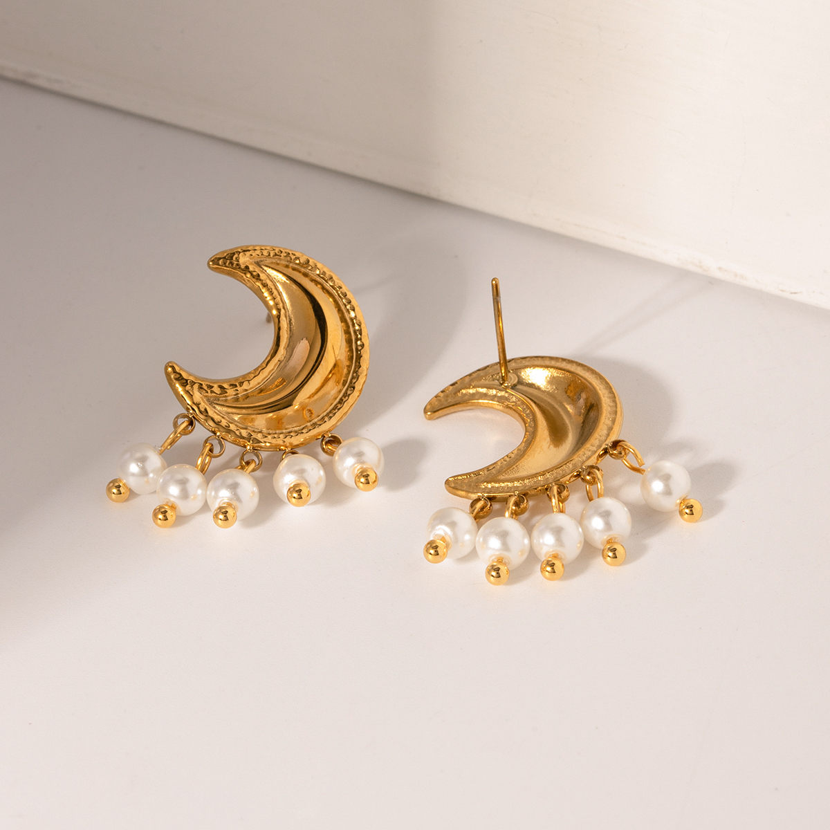 1 Pair IG Style Moon Plating 304 Stainless Steel Artificial Pearl Drop Earrings display picture 4