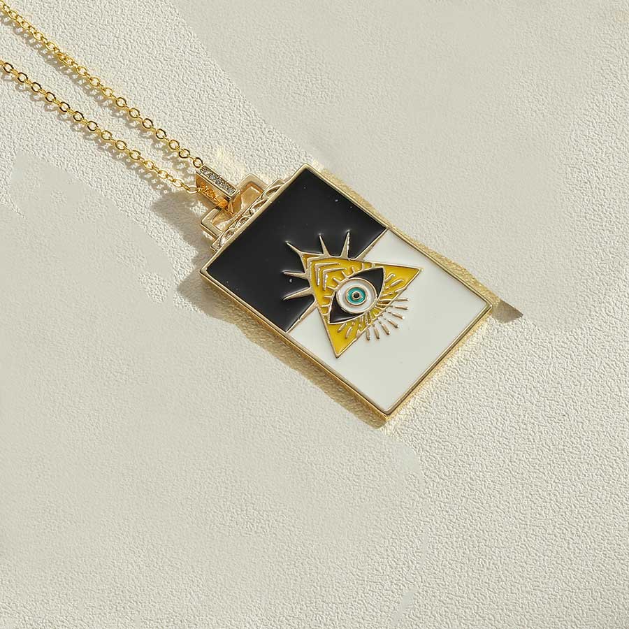 Fashion Devil's Eye Rectangle Copper Enamel Plating Laser Zircon 14k Gold Plated Pendant Necklace display picture 3