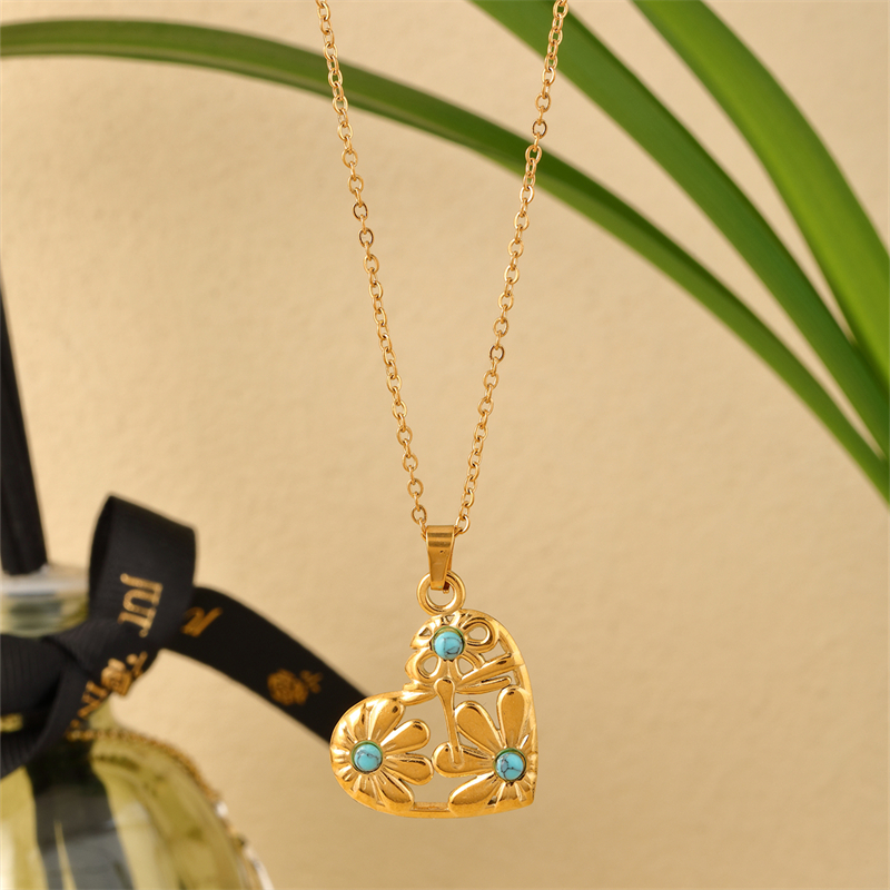 Edelstahl 304 K Vergoldet IG-Stil Einfacher Stil Überzug Inlay Herzform Türkis Halskette Anhänger display picture 4