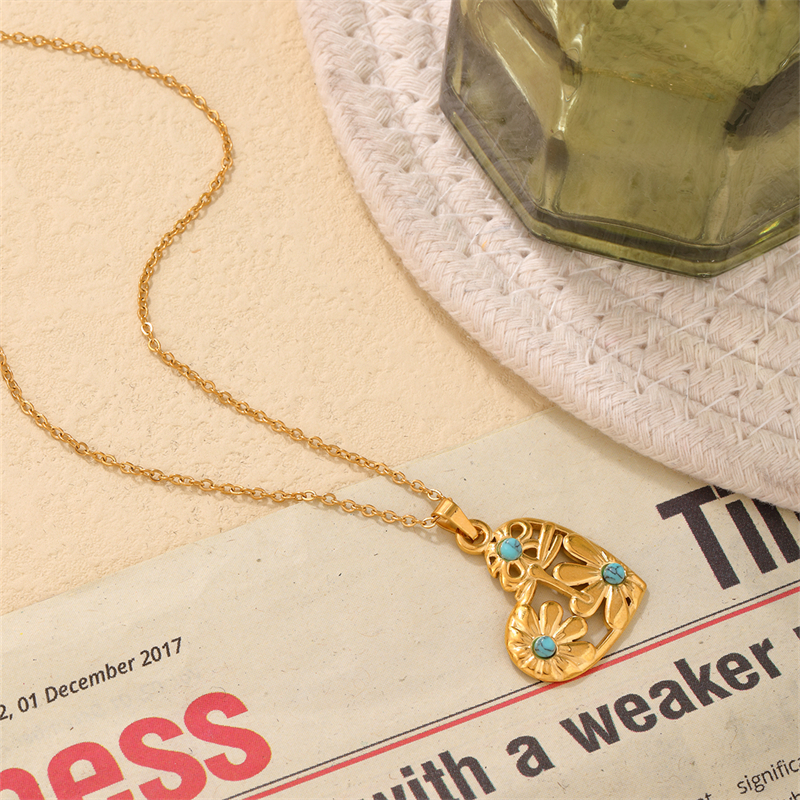 Edelstahl 304 K Vergoldet IG-Stil Einfacher Stil Überzug Inlay Herzform Türkis Halskette Anhänger display picture 6