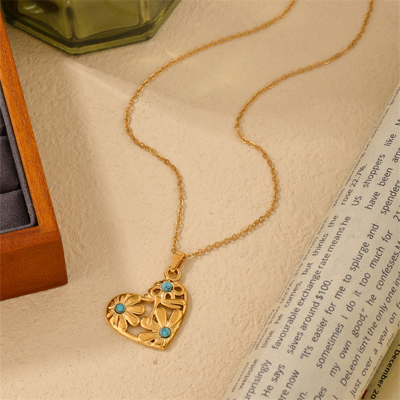Edelstahl 304 K Vergoldet IG-Stil Einfacher Stil Überzug Inlay Herzform Türkis Halskette Anhänger display picture 8