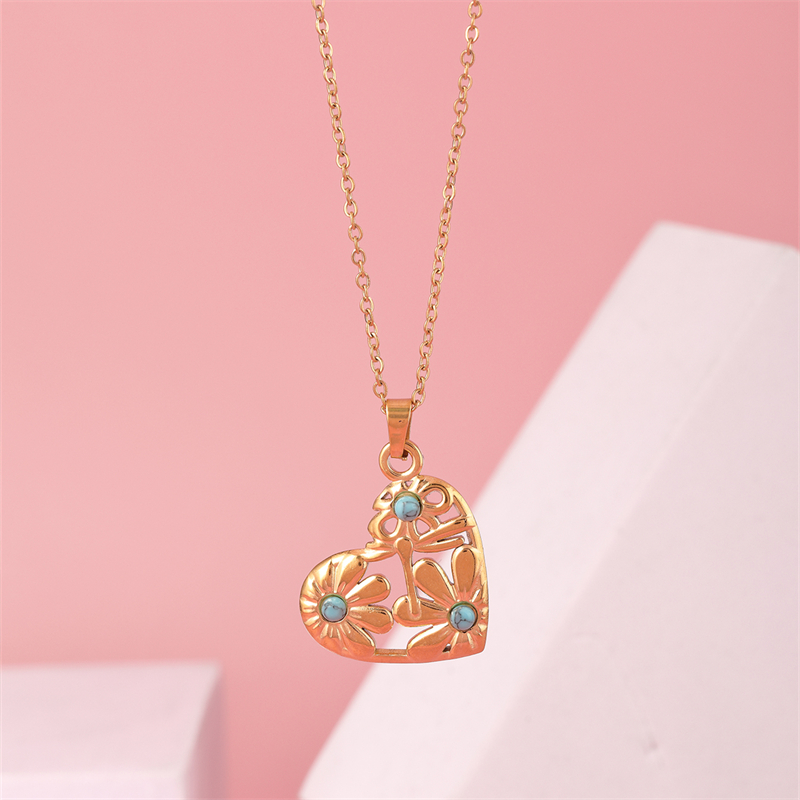 304 Stainless Steel K Gold Plated IG Style Simple Style Plating Inlay Heart Shape Turquoise Necklace Pendant display picture 11