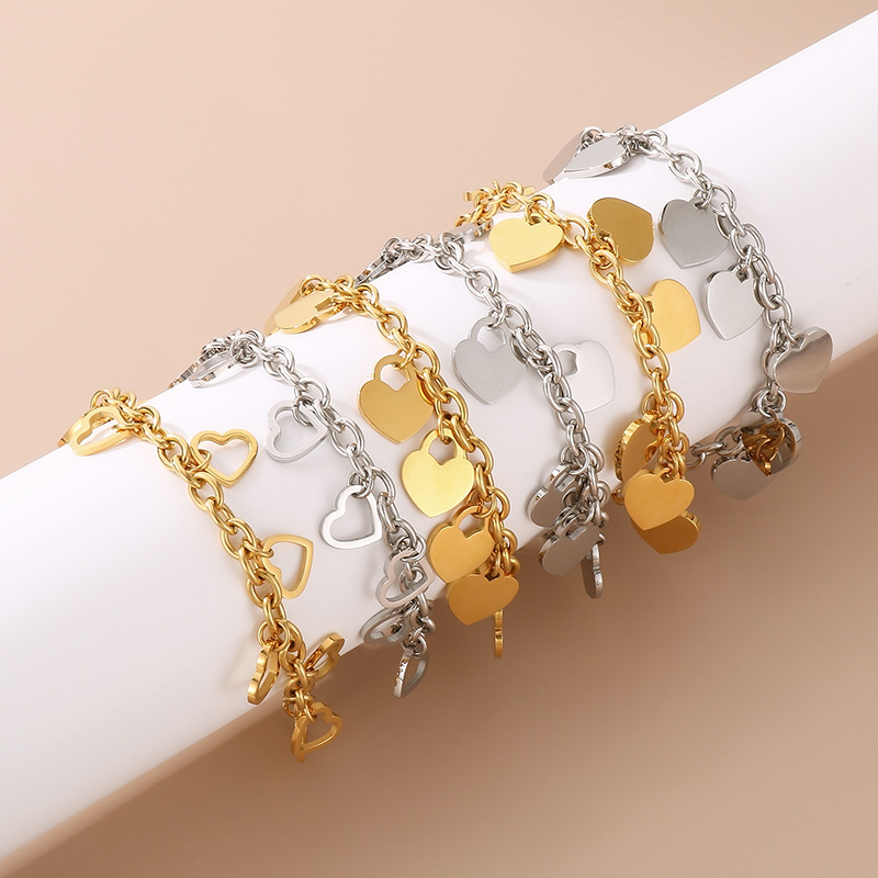 Sweet Heart Shape Chains Print Titanium Steel 18K Gold Plated Bracelets In Bulk display picture 1