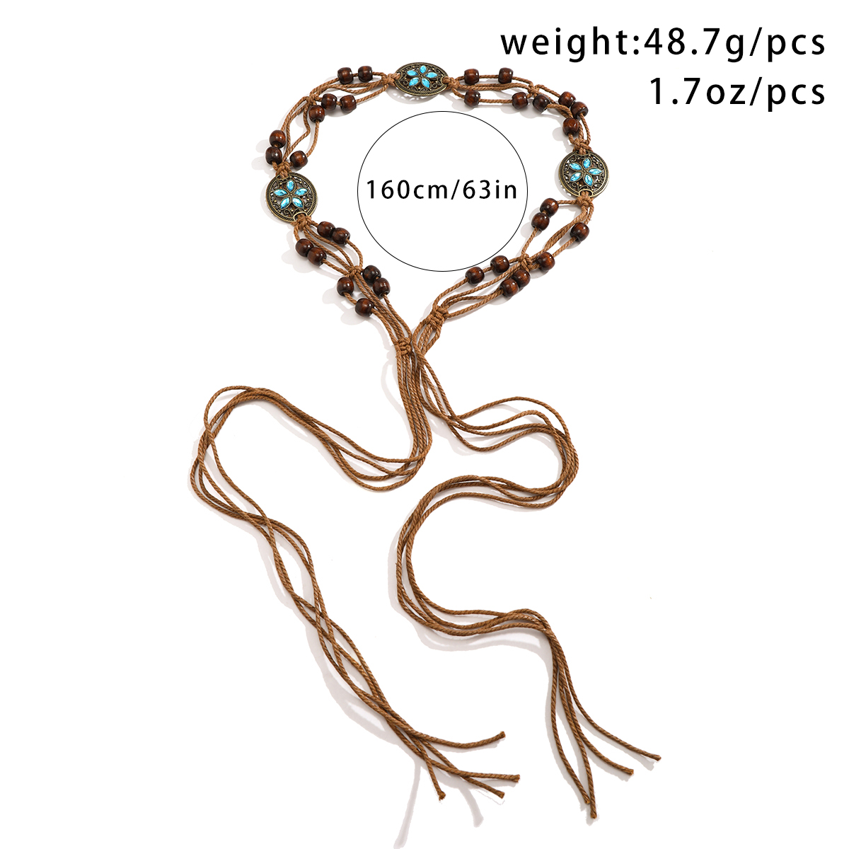 Retro Ethnic Style Flower Alloy Wooden Beads Wax Rope Knot Hollow Out Women's Waist Chain display picture 1