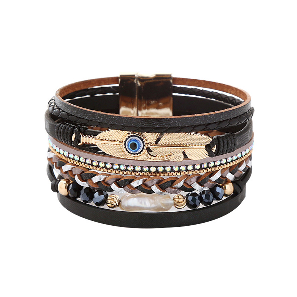 Retro Vacation Leaf Eye Feather Pu Leather Imitation Pearl Alloy Layered Women's Bracelets display picture 4
