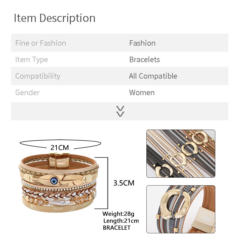 Retro Vacation Leaf Eye Feather Pu Leather Imitation Pearl Alloy Layered Women's Bracelets display picture 2