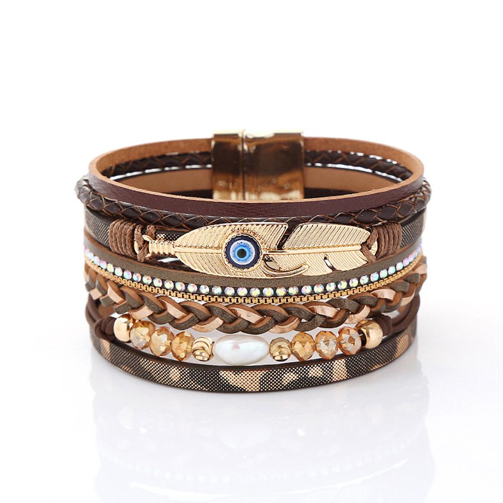 Retro Vacation Leaf Eye Feather Pu Leather Imitation Pearl Alloy Layered Women's Bracelets display picture 8