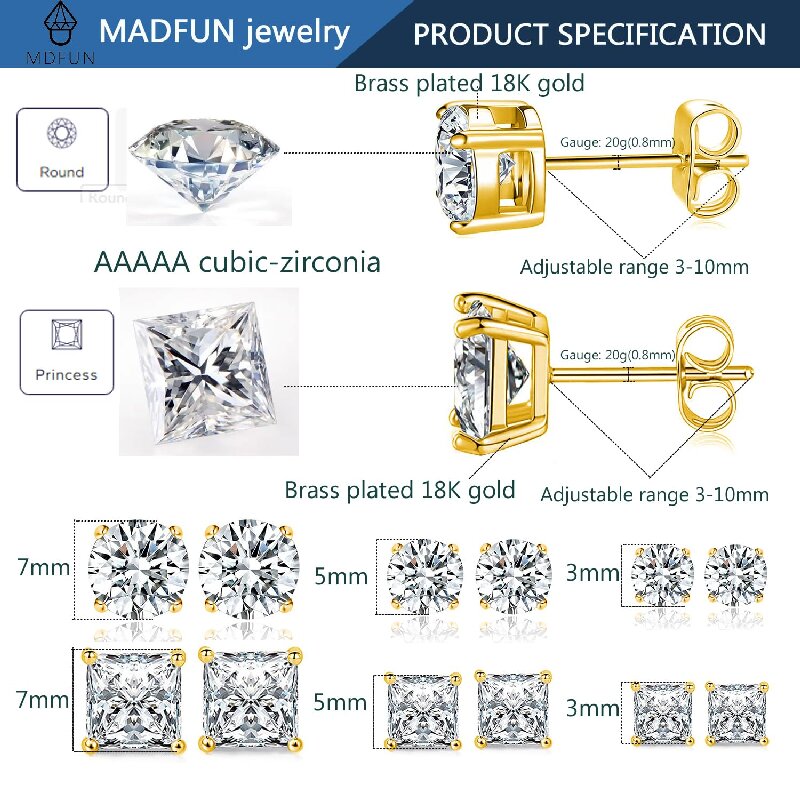 6 Pairs Simple Style Geometric Inlay Brass Zircon 18k Gold Plated Ear Studs display picture 6