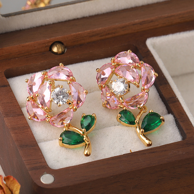 1 Pair Sweet Rose Plating Inlay Copper Zircon 18k Gold Plated Ear Studs display picture 2