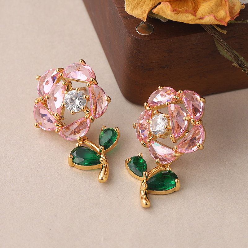 1 Pair Sweet Rose Plating Inlay Copper Zircon 18k Gold Plated Ear Studs display picture 3