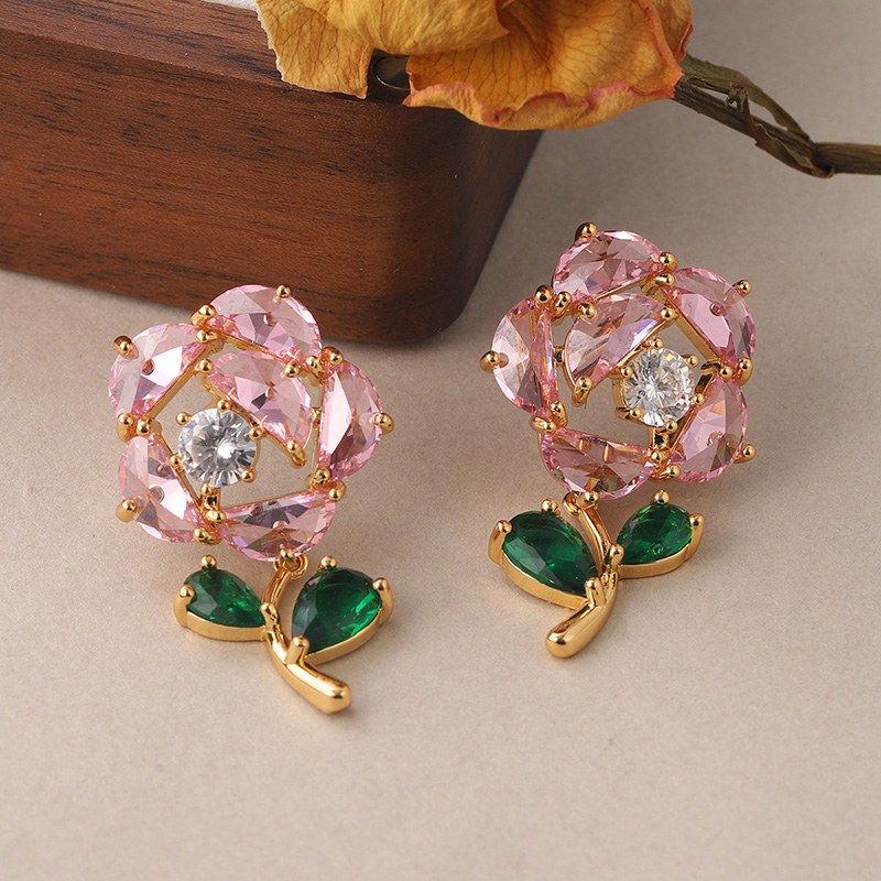 1 Pair Sweet Rose Plating Inlay Copper Zircon 18k Gold Plated Ear Studs display picture 5