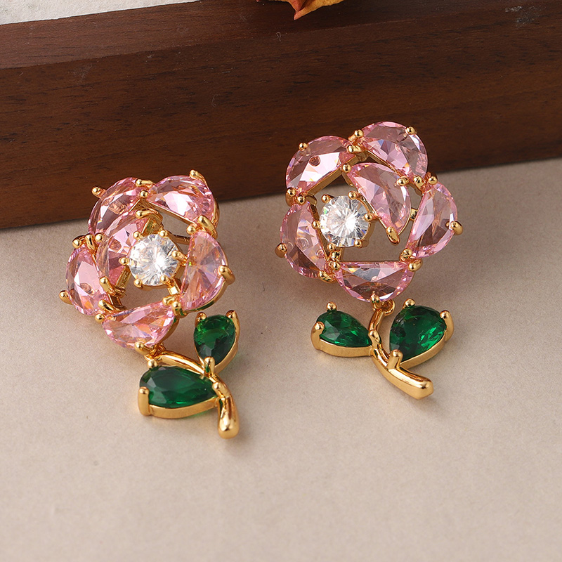 1 Paire Sucré Rose Placage Incruster Le Cuivre Zircon Plaqué Or 18k Boucles D'oreilles display picture 4