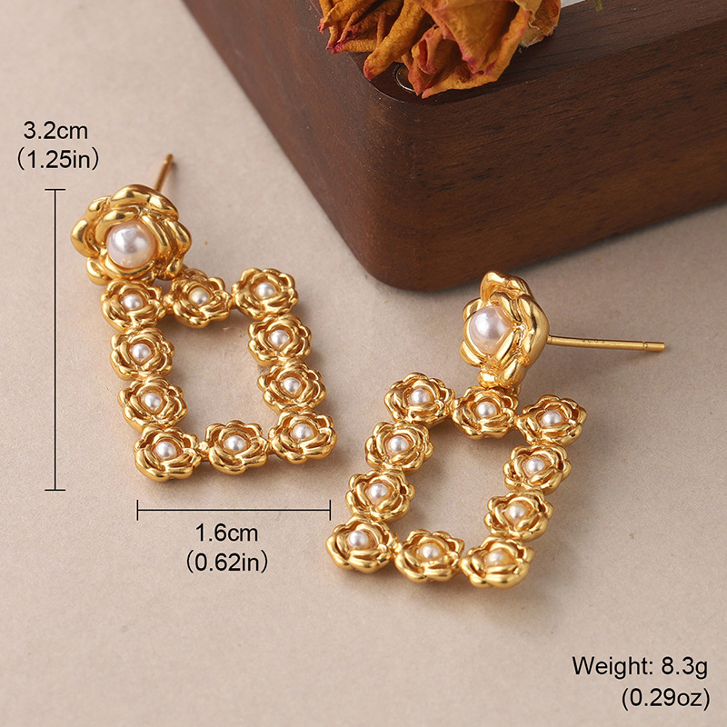 1 Pair Vintage Style Square Plating Inlay Copper Pearl 18k Middle Ancient Gold Drop Earrings display picture 1