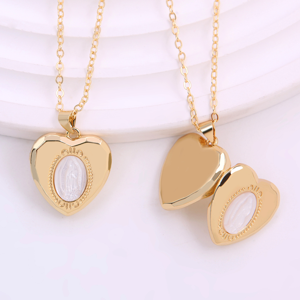 Ig Style Virgin Mary Heart Shape Shell Copper Plating Inlay Carving Shell 18k Gold Plated Pendant Necklace display picture 3