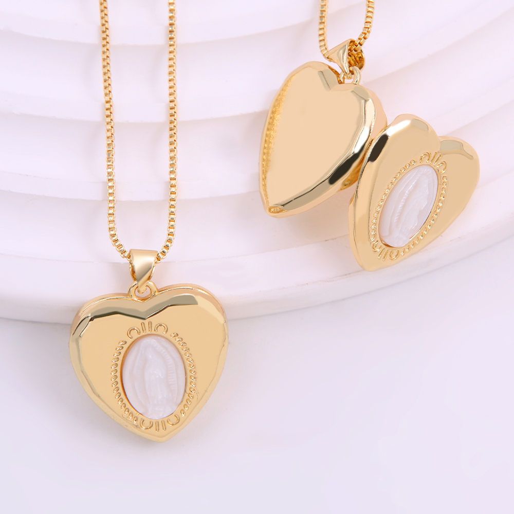 Ig Style Virgin Mary Heart Shape Shell Copper Plating Inlay Carving Shell 18k Gold Plated Pendant Necklace display picture 4