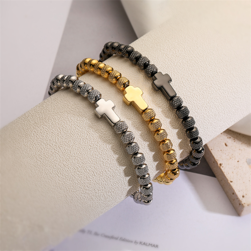 Classic Style Commute Cross Stainless Steel Copper Beaded Bracelets display picture 1