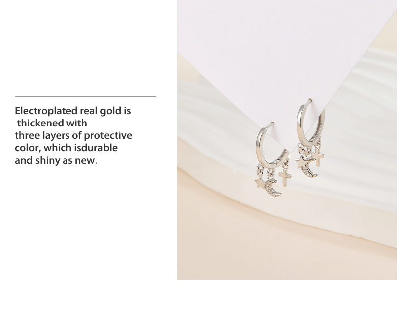 1 Pair Elegant Simple Style Commute Cross Star Moon Plating Inlay Sterling Silver Zircon 18k Gold Plated White Gold Plated Drop Earrings display picture 3