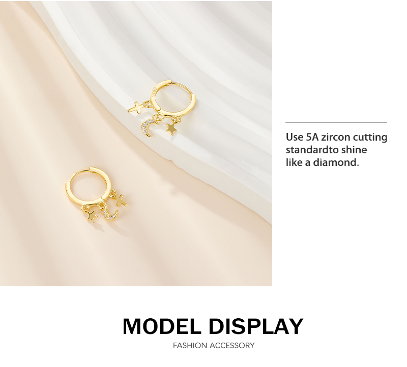 1 Pair Elegant Simple Style Commute Cross Star Moon Plating Inlay Sterling Silver Zircon 18k Gold Plated White Gold Plated Drop Earrings display picture 4