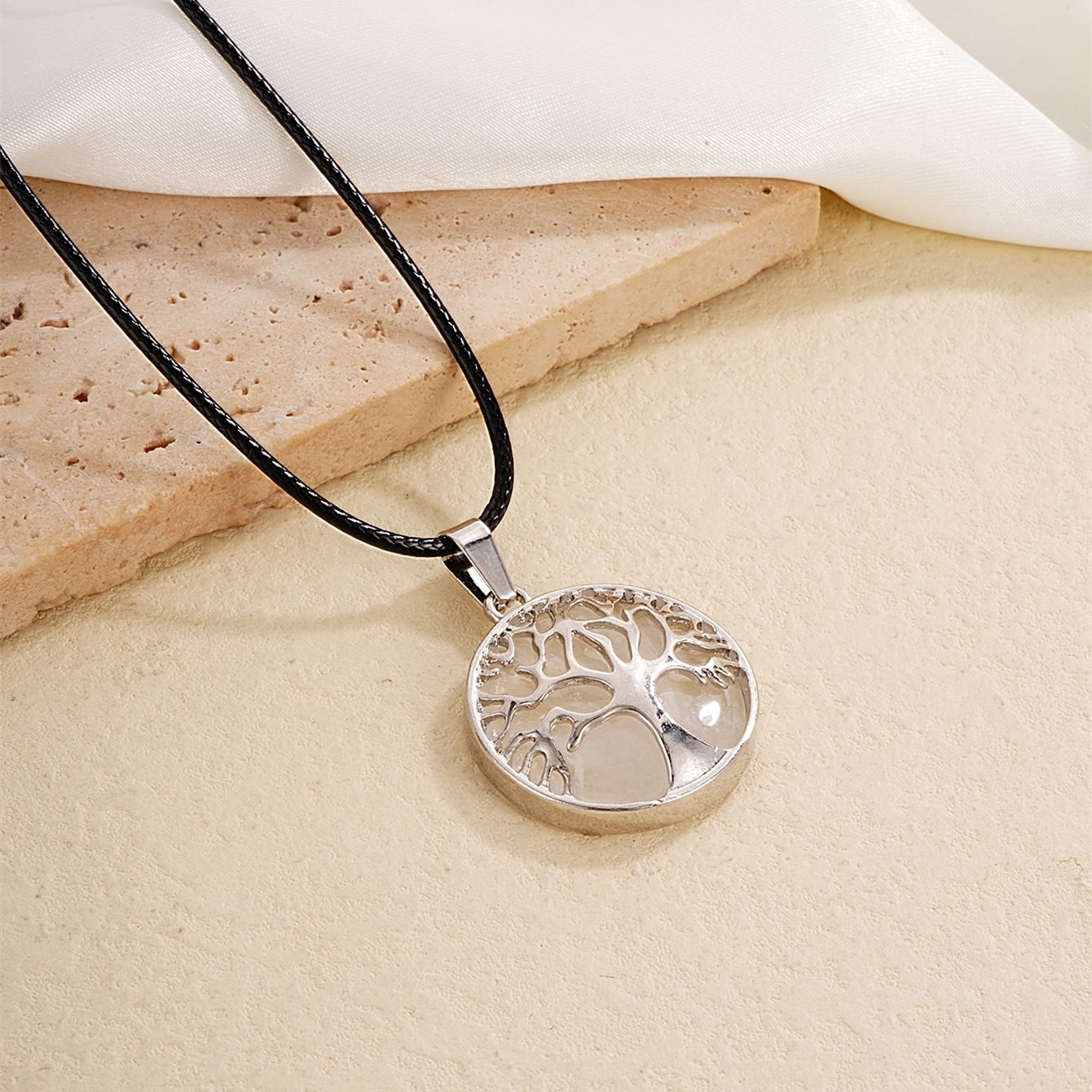 Ig Style Simple Style Round Tree Stainless Steel Natural Stone Leather Rope Inlay Natural Stone Pendant Necklace display picture 4