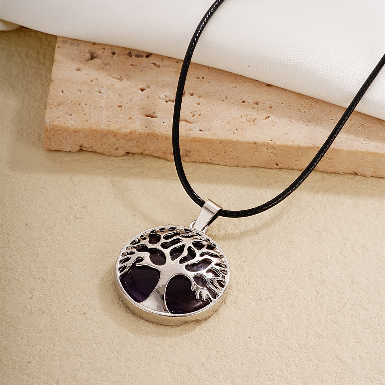 Ig Style Simple Style Round Tree Stainless Steel Natural Stone Leather Rope Inlay Natural Stone Pendant Necklace display picture 2