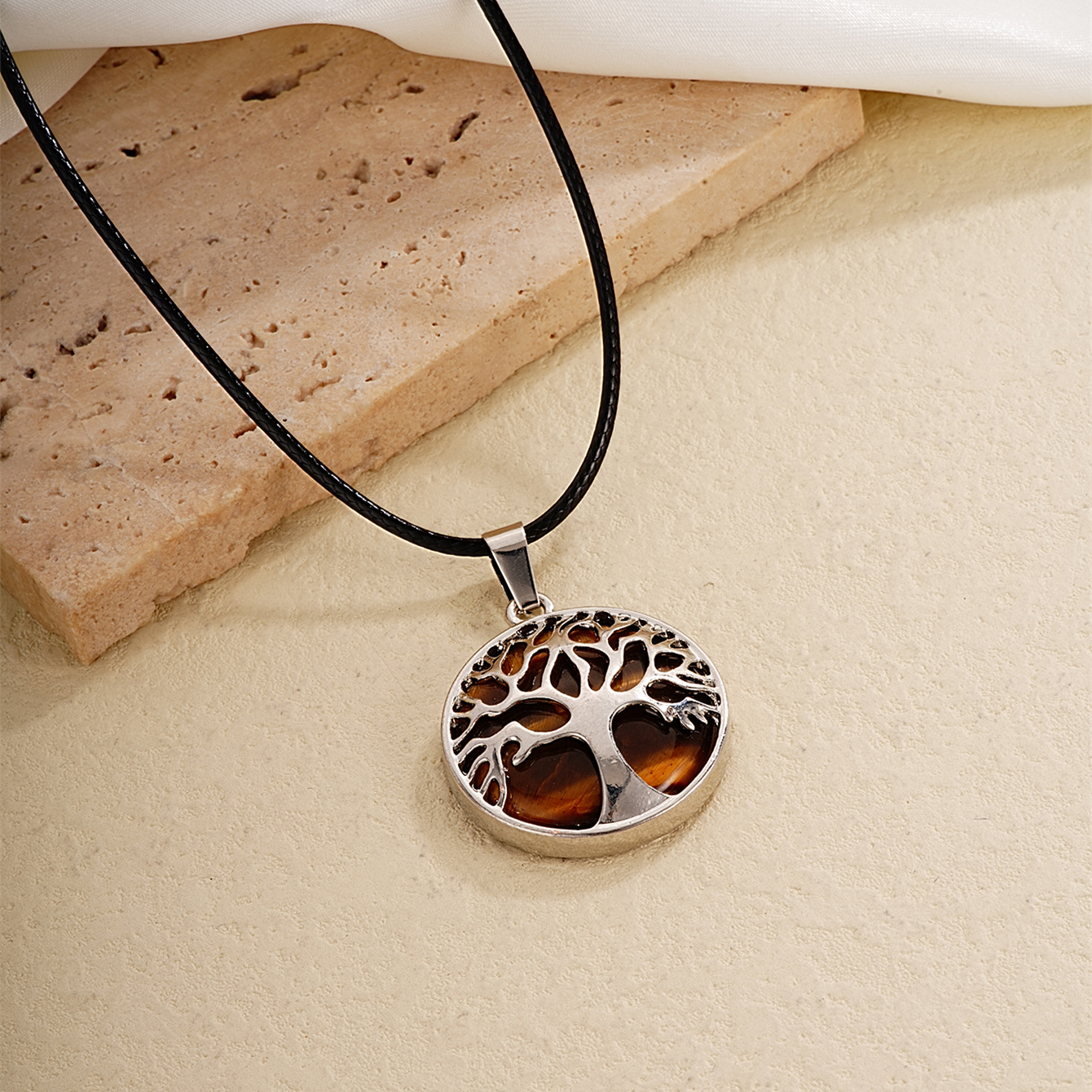 Ig Style Simple Style Round Tree Stainless Steel Natural Stone Leather Rope Inlay Natural Stone Pendant Necklace display picture 3