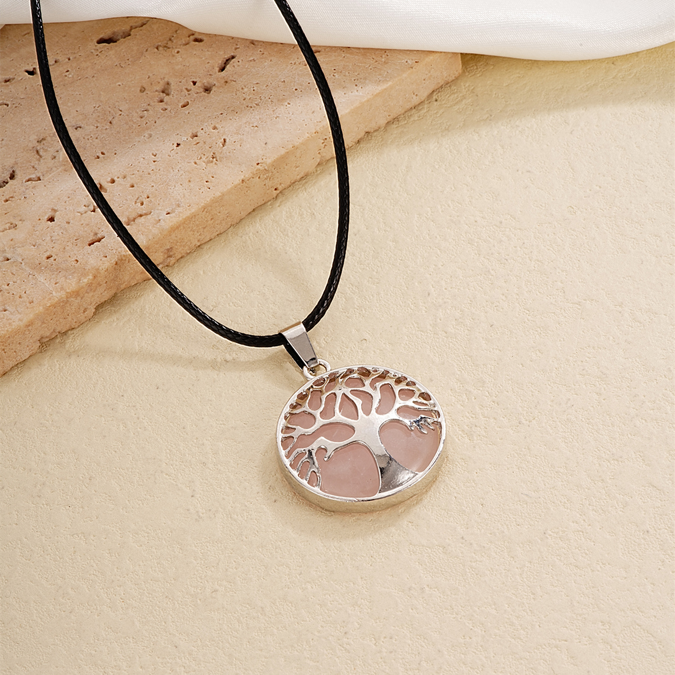 Ig Style Simple Style Round Tree Stainless Steel Natural Stone Leather Rope Inlay Natural Stone Pendant Necklace display picture 8