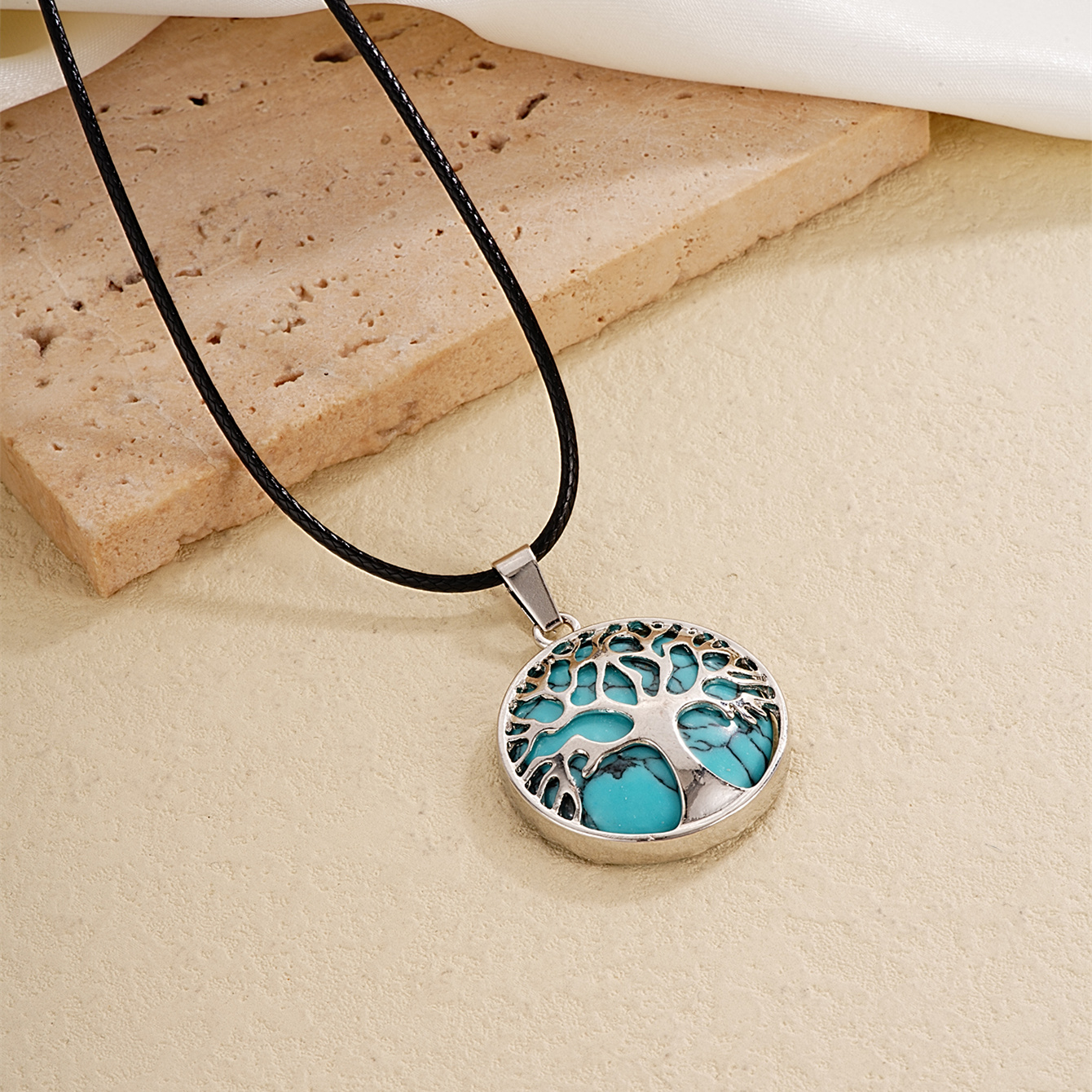 Ig Style Simple Style Round Tree Stainless Steel Natural Stone Leather Rope Inlay Natural Stone Pendant Necklace display picture 11