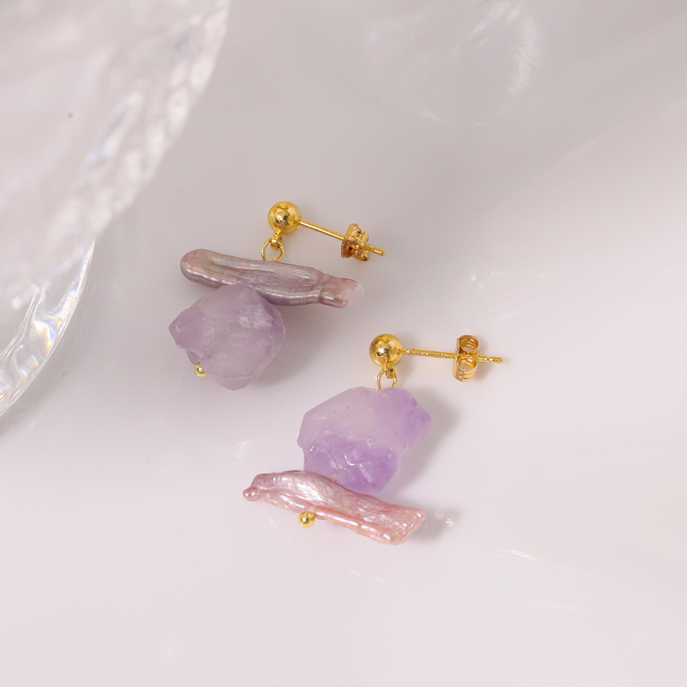 1 Pair Ig Style Geometric Irregular Amethyst Copper Alloy 18k Gold Plated Drop Earrings display picture 2