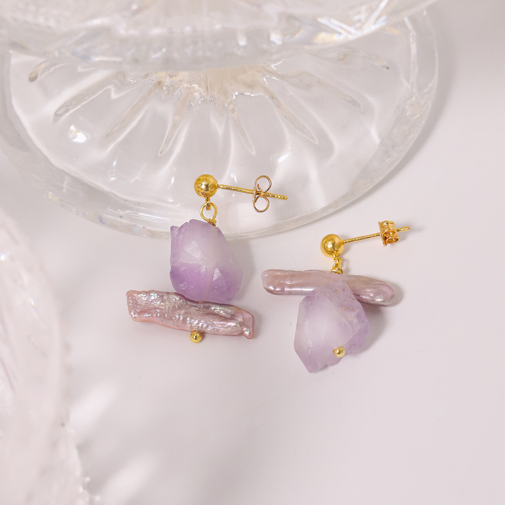 1 Pair Ig Style Geometric Irregular Amethyst Copper Alloy 18k Gold Plated Drop Earrings display picture 3