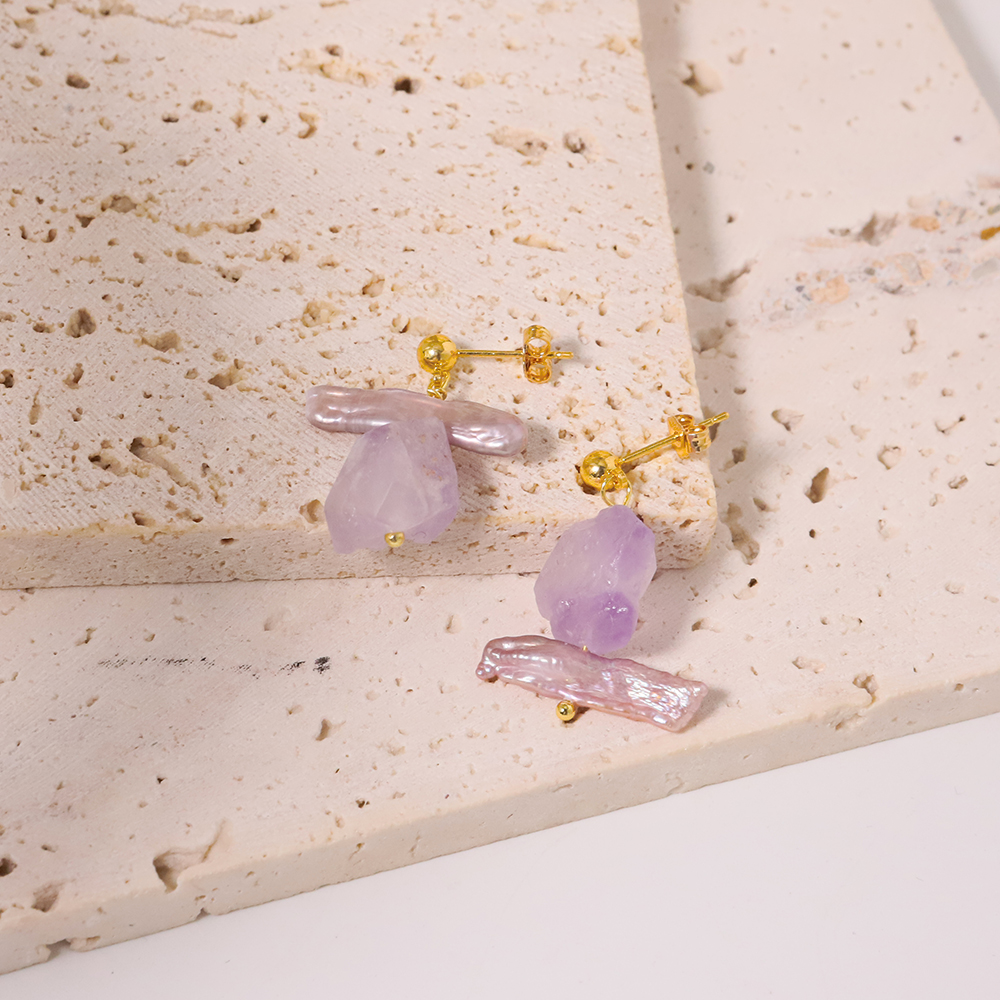 1 Pair Ig Style Geometric Irregular Amethyst Copper Alloy 18k Gold Plated Drop Earrings display picture 4