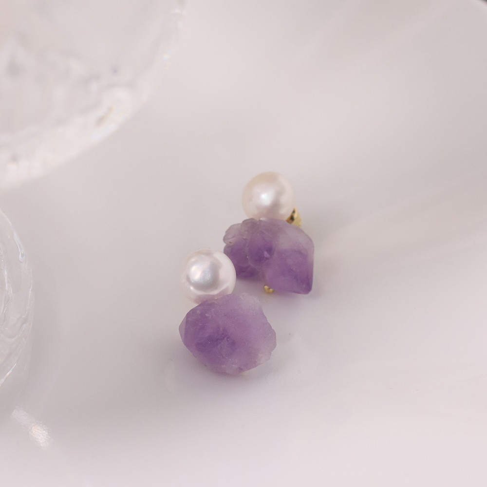 1 Pair Elegant Simple Style Geometric Pearl Freshwater Pearl Amethyst 18k Gold Plated Drop Earrings display picture 1