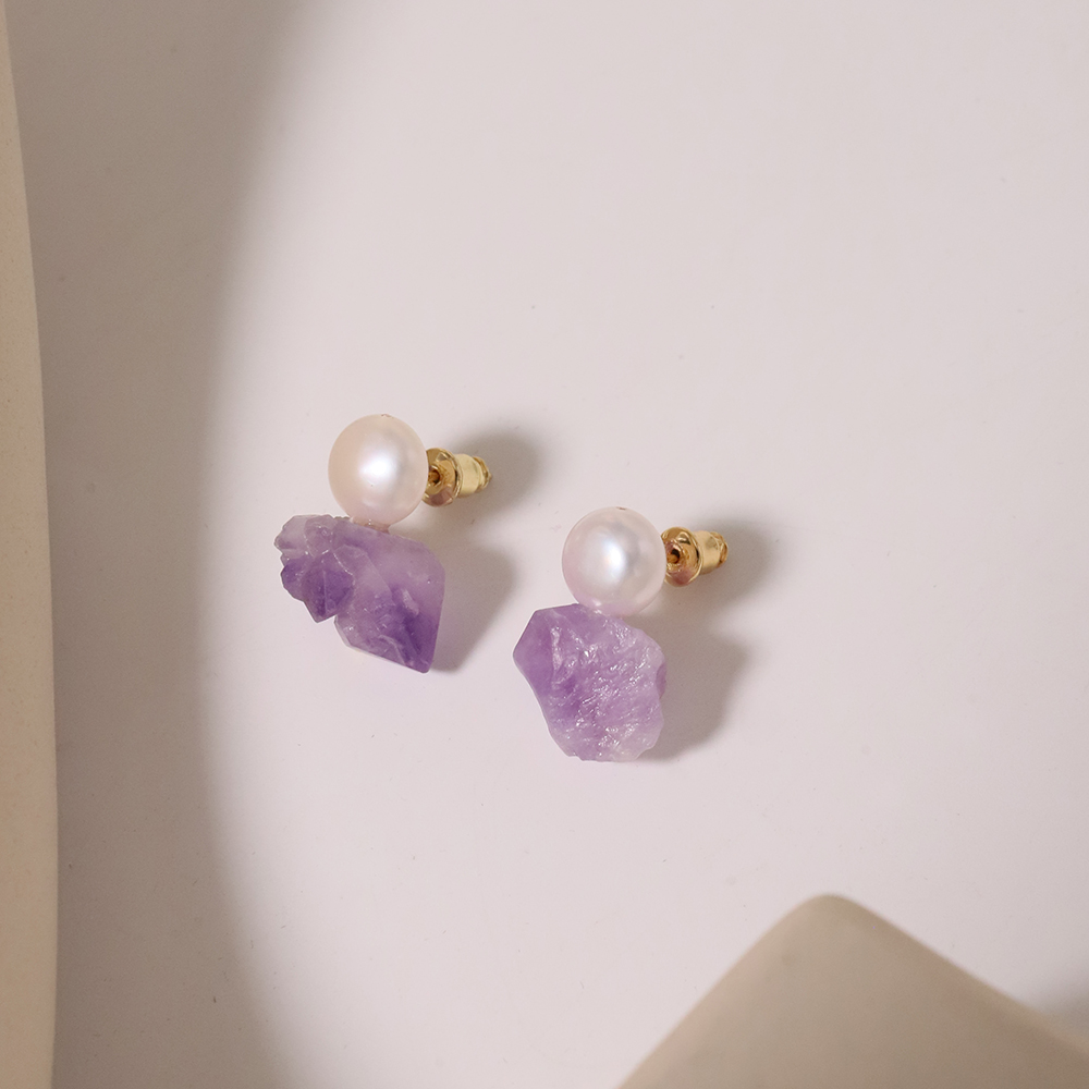 1 Paar Elegant Einfacher Stil Geometrisch Perle Süßwasserperle Amethyst 18 Karat Vergoldet Tropfenohrringe display picture 2