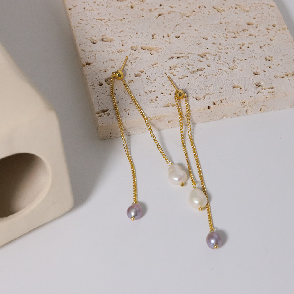 1 Pair Elegant Simple Style Geometric Tassel Freshwater Pearl 18k Gold Plated Drop Earrings display picture 6