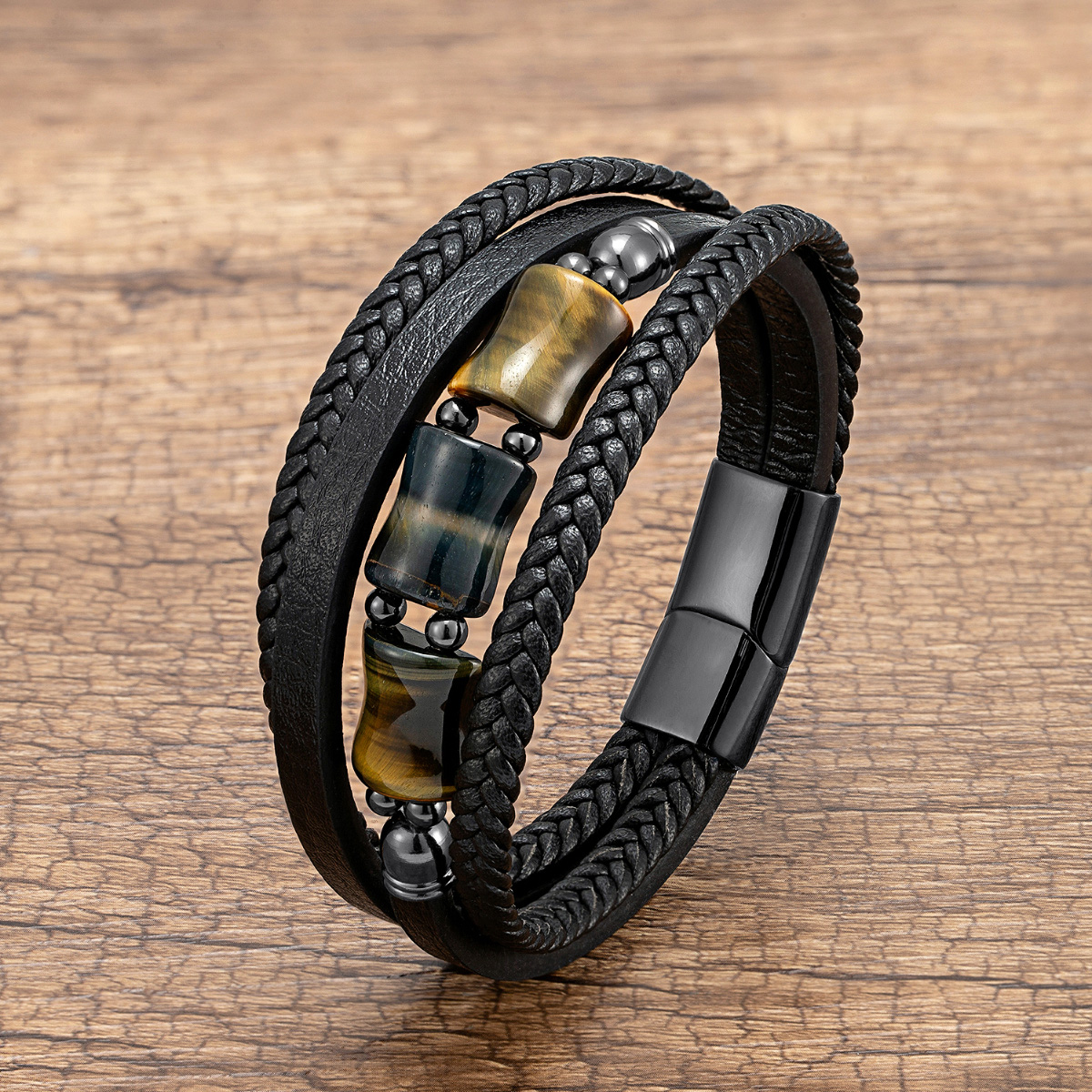 Vintage Style Punk Geometric Leather Rope Stone Metal Layered Handmade Men's Bracelets display picture 3