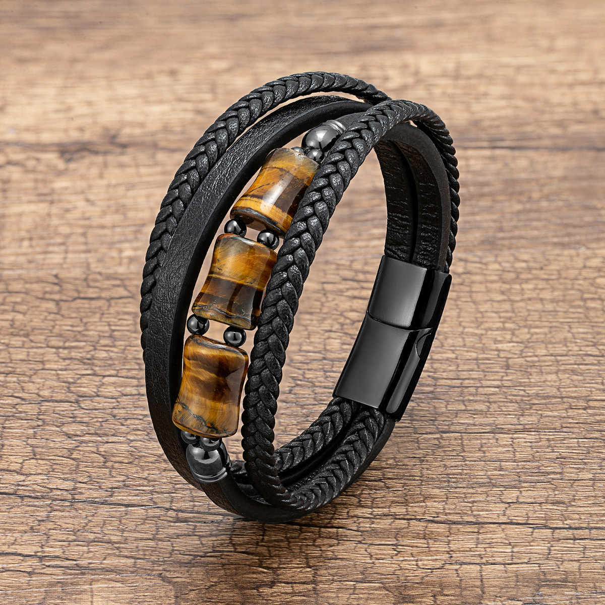 Vintage Style Punk Geometric Leather Rope Stone Metal Layered Handmade Men's Bracelets display picture 1