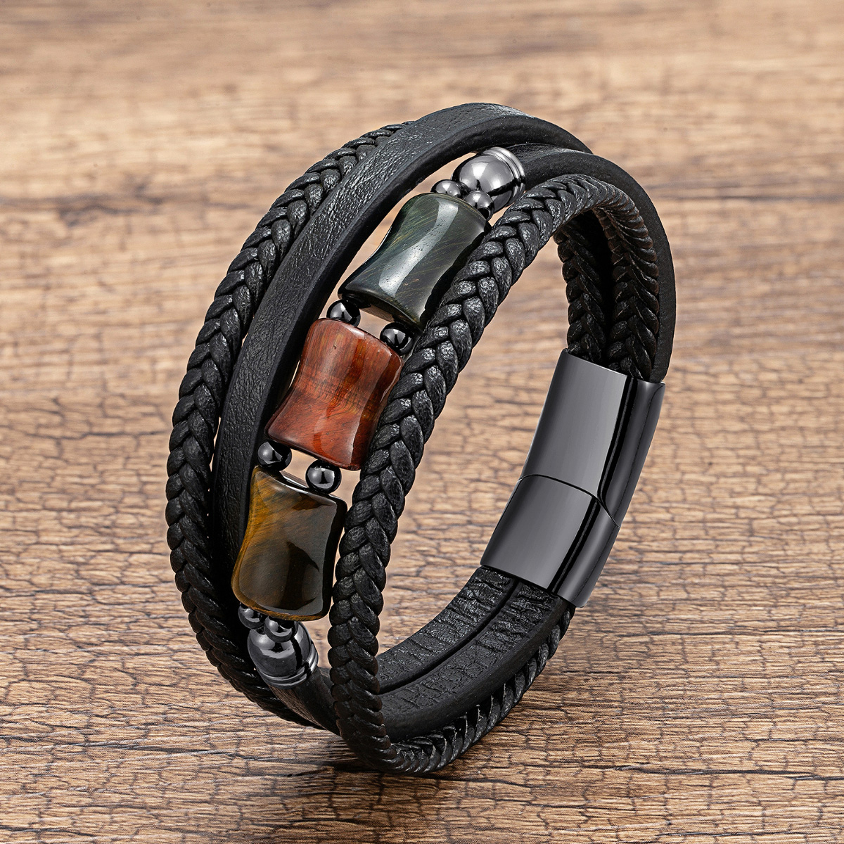 Vintage Style Punk Geometric Leather Rope Stone Metal Layered Handmade Men's Bracelets display picture 4
