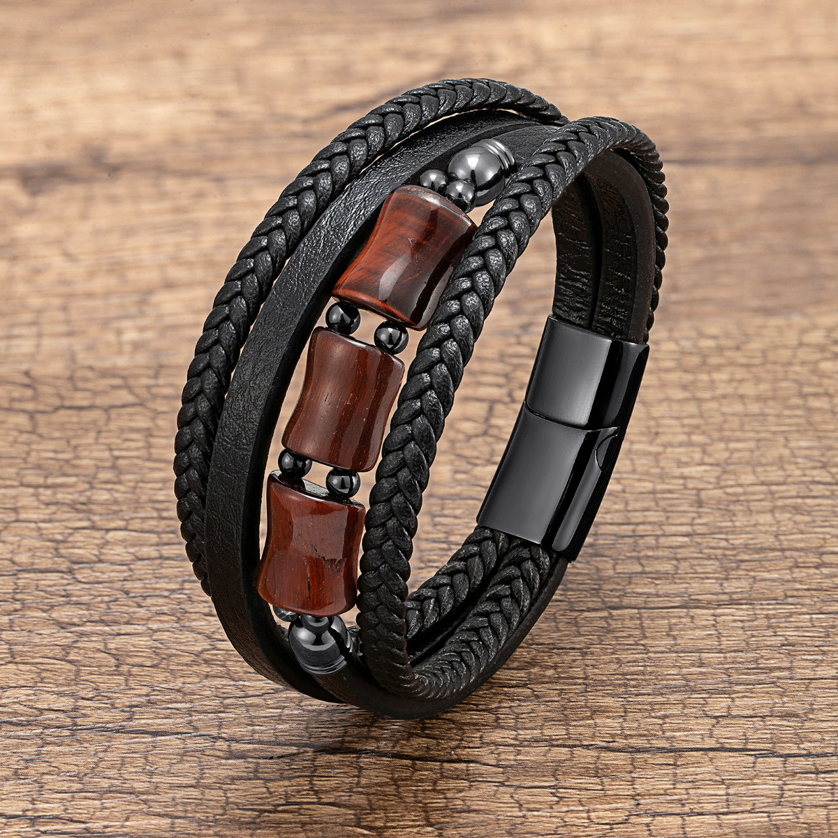 Vintage Style Punk Geometric Leather Rope Stone Metal Layered Handmade Men's Bracelets display picture 2