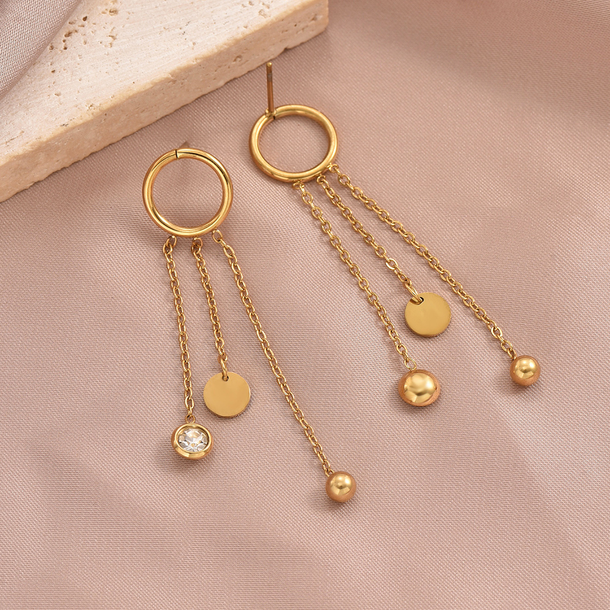 2 Pieces Elegant Lady Modern Style Circle Tassel Lines Plating Inlay 304 Stainless Steel Zircon 14K Gold Plated Drop Earrings display picture 2