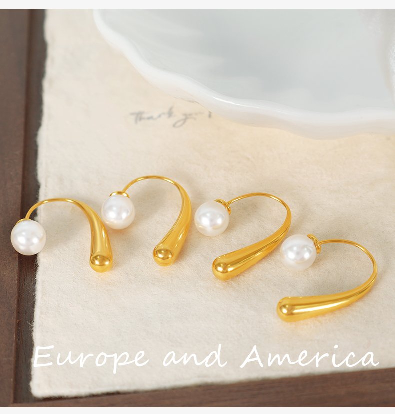 1 Pair Elegant Simple Style Commute Curve Plating Three-dimensional Inlay Titanium Steel Artificial Pearls 18k Gold Plated Ear Studs display picture 7