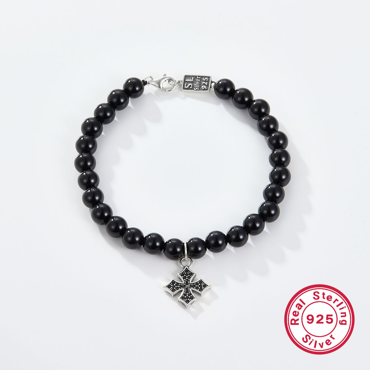 Vintage Style Simple Style Cross Agate Sterling Silver Beaded Bracelets display picture 2