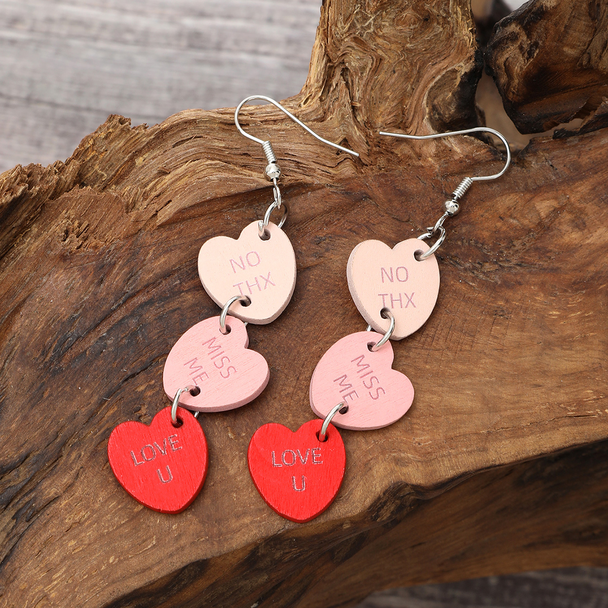 1 Pair Romantic Modern Style Simple Style Letter Heart Shape Handmade Carving Wood Drop Earrings display picture 4