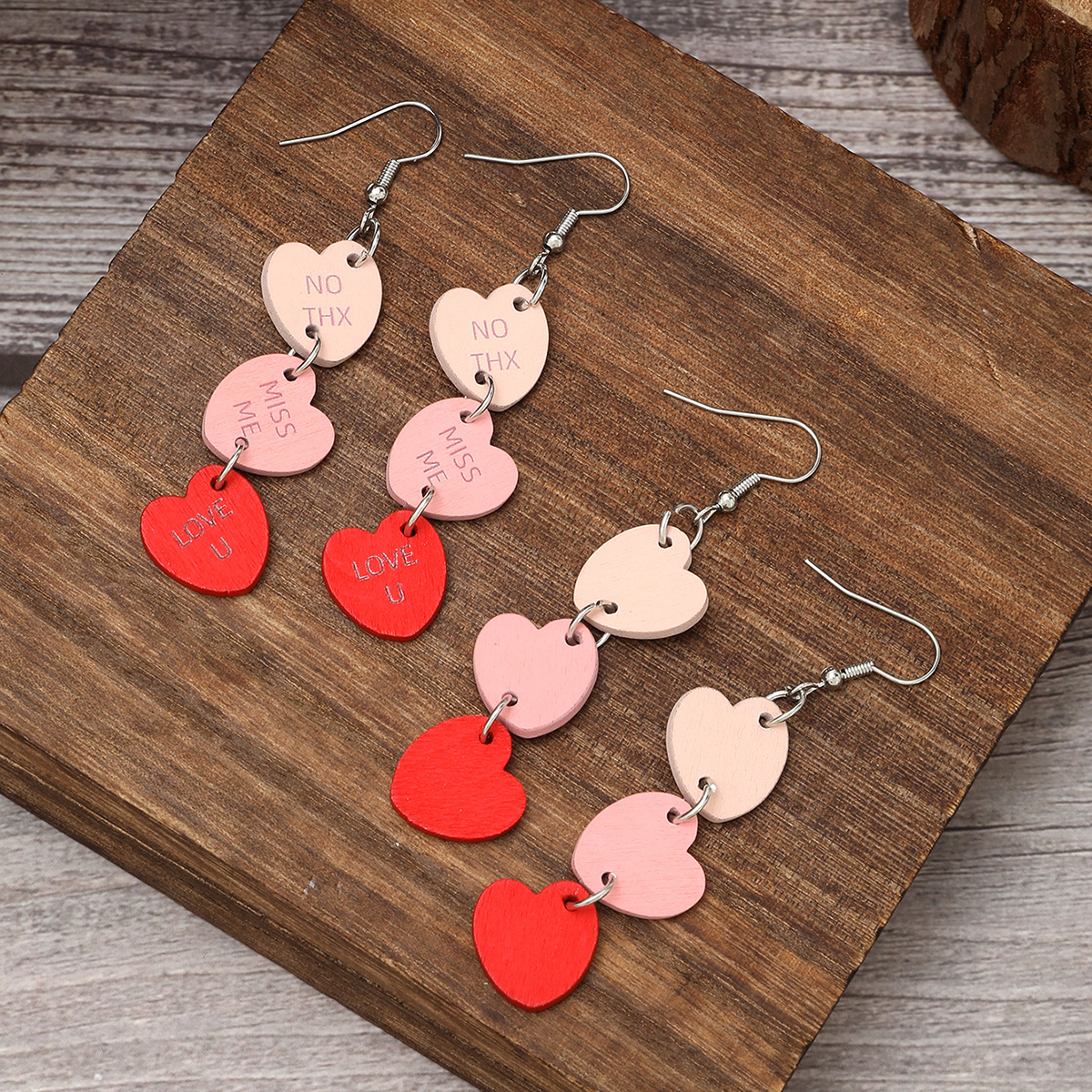 1 Pair Romantic Modern Style Simple Style Letter Heart Shape Handmade Carving Wood Drop Earrings display picture 5
