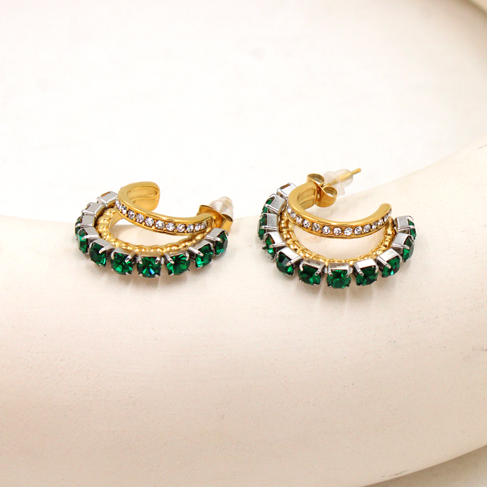 1 Pair IG Style Shiny C Shape Plating Inlay 304 Stainless Steel Pearl Zircon 18K Gold Plated Ear Studs display picture 6
