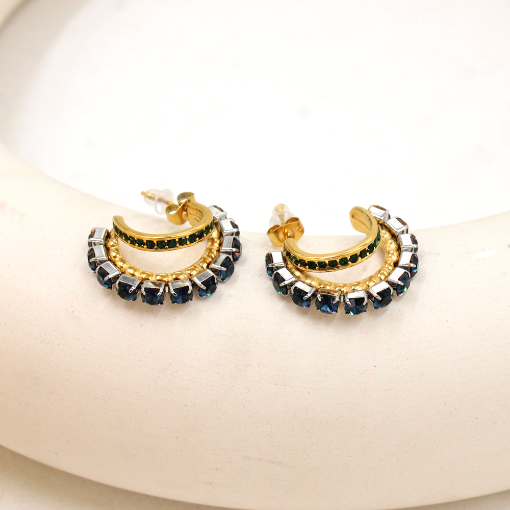 1 Pair IG Style Shiny C Shape Plating Inlay 304 Stainless Steel Pearl Zircon 18K Gold Plated Ear Studs display picture 7