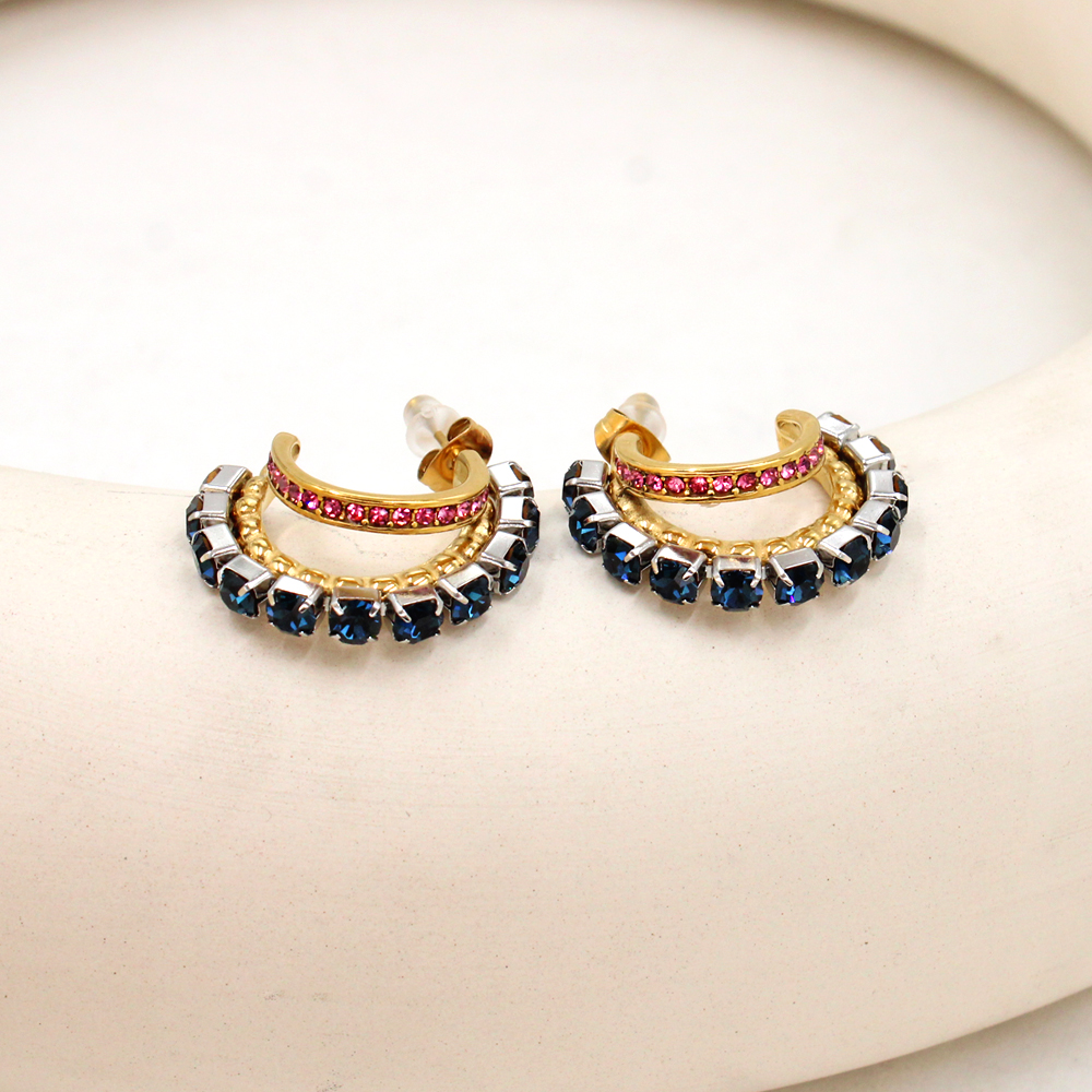 1 Pair IG Style Shiny C Shape Plating Inlay 304 Stainless Steel Pearl Zircon 18K Gold Plated Ear Studs display picture 8