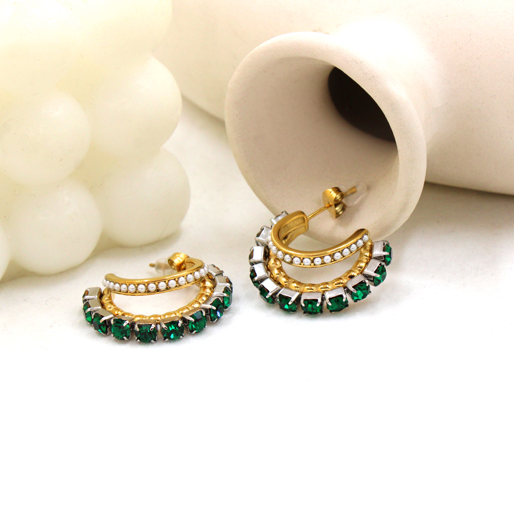 1 Pair IG Style Shiny C Shape Plating Inlay 304 Stainless Steel Pearl Zircon 18K Gold Plated Ear Studs display picture 12