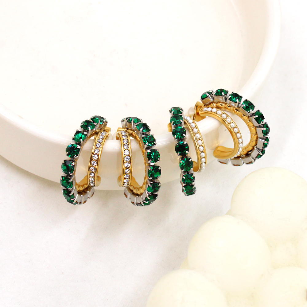 1 Pair IG Style Shiny C Shape Plating Inlay 304 Stainless Steel Pearl Zircon 18K Gold Plated Ear Studs display picture 14